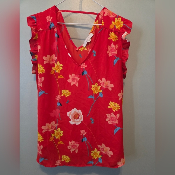 LOFT Tops - LOFT Red Floral Summer Blouse with Yellow Accents XL